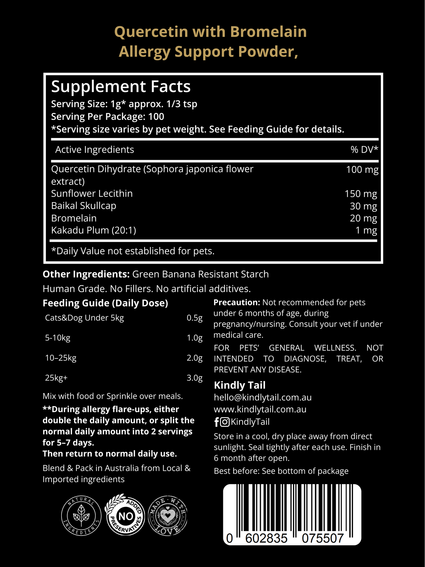 Kindly Tail Quercetin with Bromelain for Dogs – Skin Allergy & Itch Support