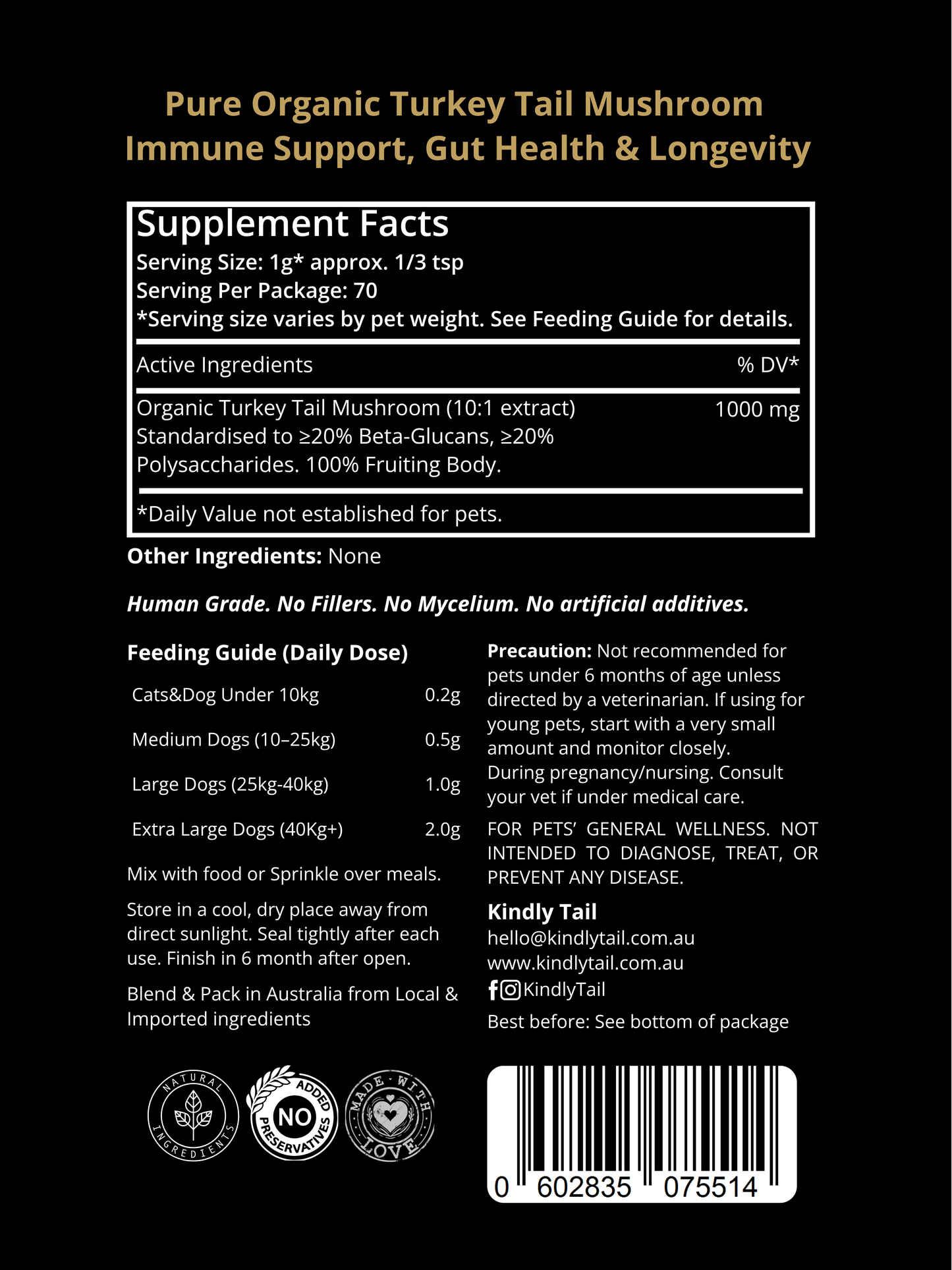 Kindly Tail Pure Turkey Tail Mushroom Powder for Dog & Cat