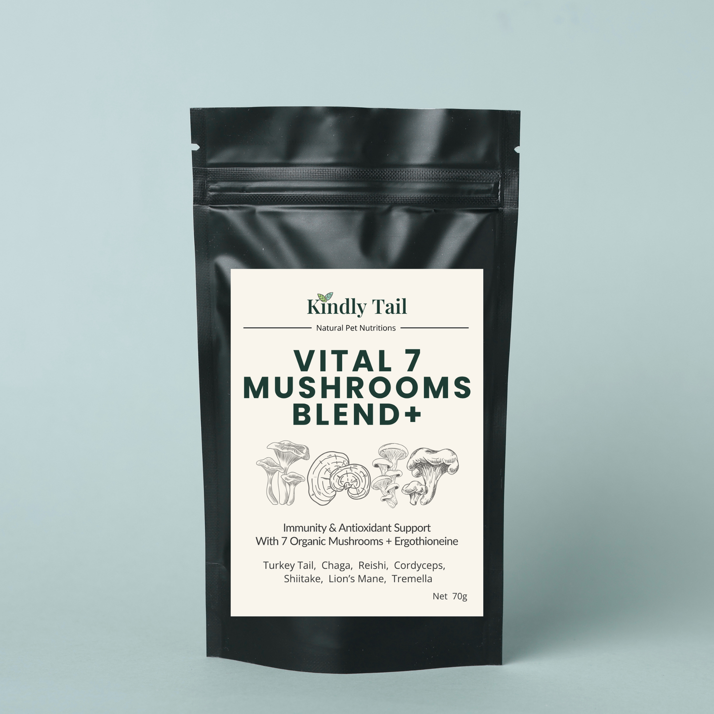 Kindly Tail Vital 7 Organic Mushrooms Blend+ Ergothioneine For Dog and Cat