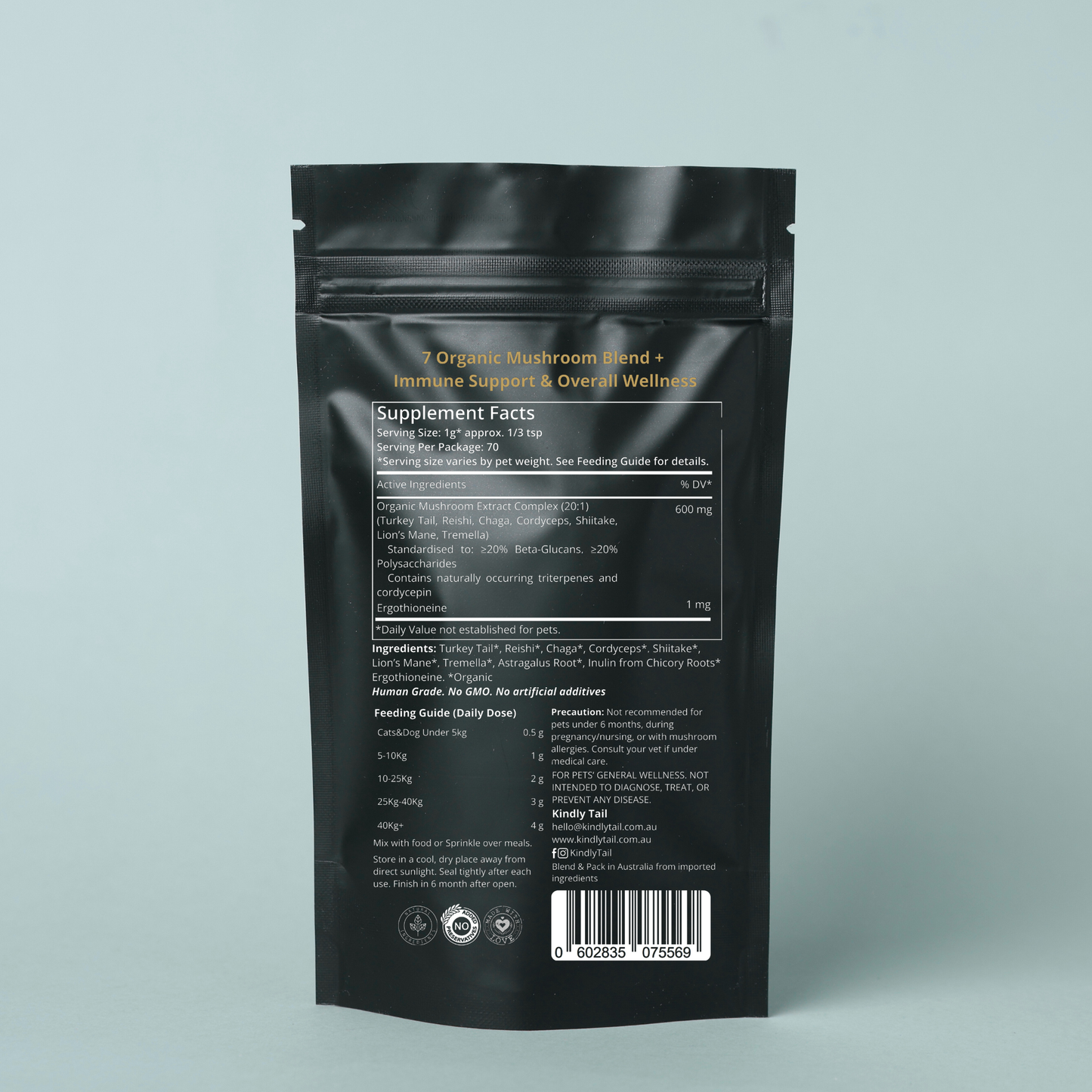 Kindly Tail Vital 7 Organic Mushrooms Blend+ Ergothioneine For Dog and Cat
