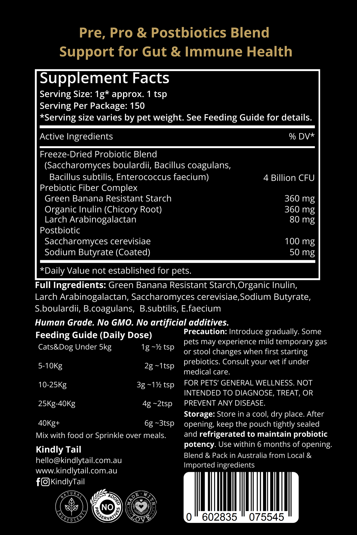 Kindly Tail Synbiotic 3.0 Pre + Pro + Postbiotic Support for Dogs & Cats