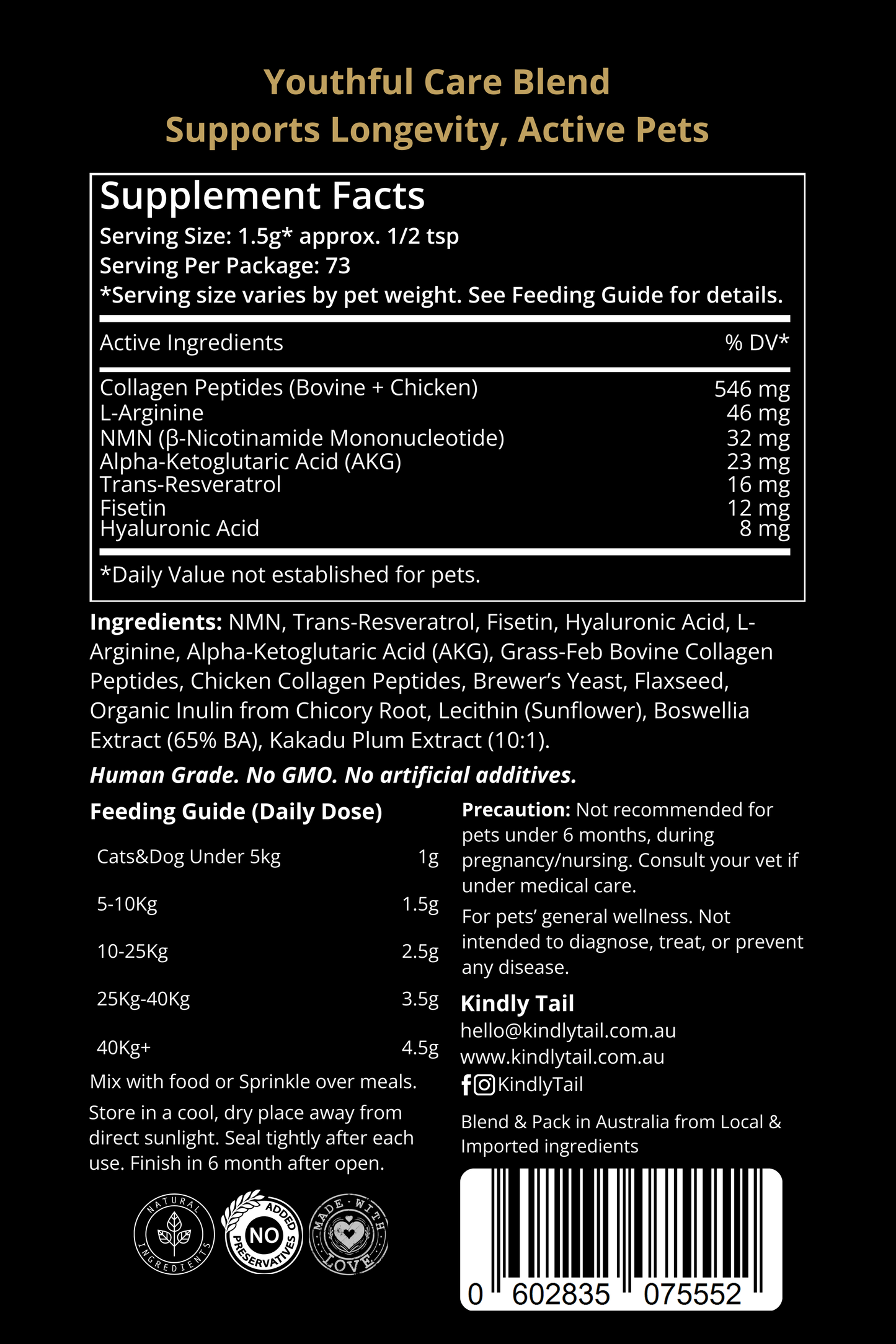 Kindly Tail Youthful Care Blend For Dog and Cat with NMN, Resveratrol, Fisetin& More