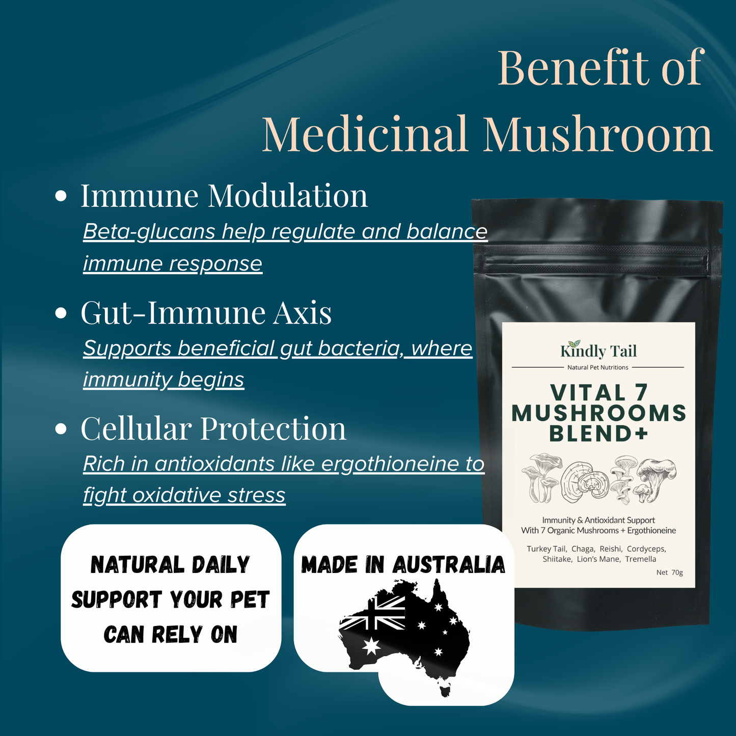 Kindly Tail Vital 7 Organic Mushrooms Blend+ Ergothioneine For Dog and Cat